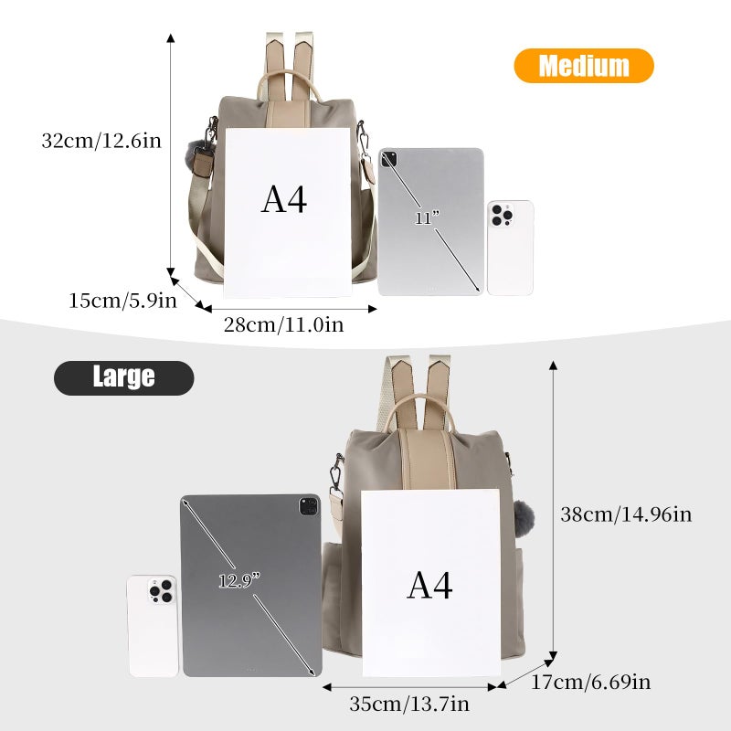 PINCNEL Women Khaki Medium Backpack Purse Waterproof Nylon Anti-theft Rucksack Lightweight Shoulder Bag - Image 2